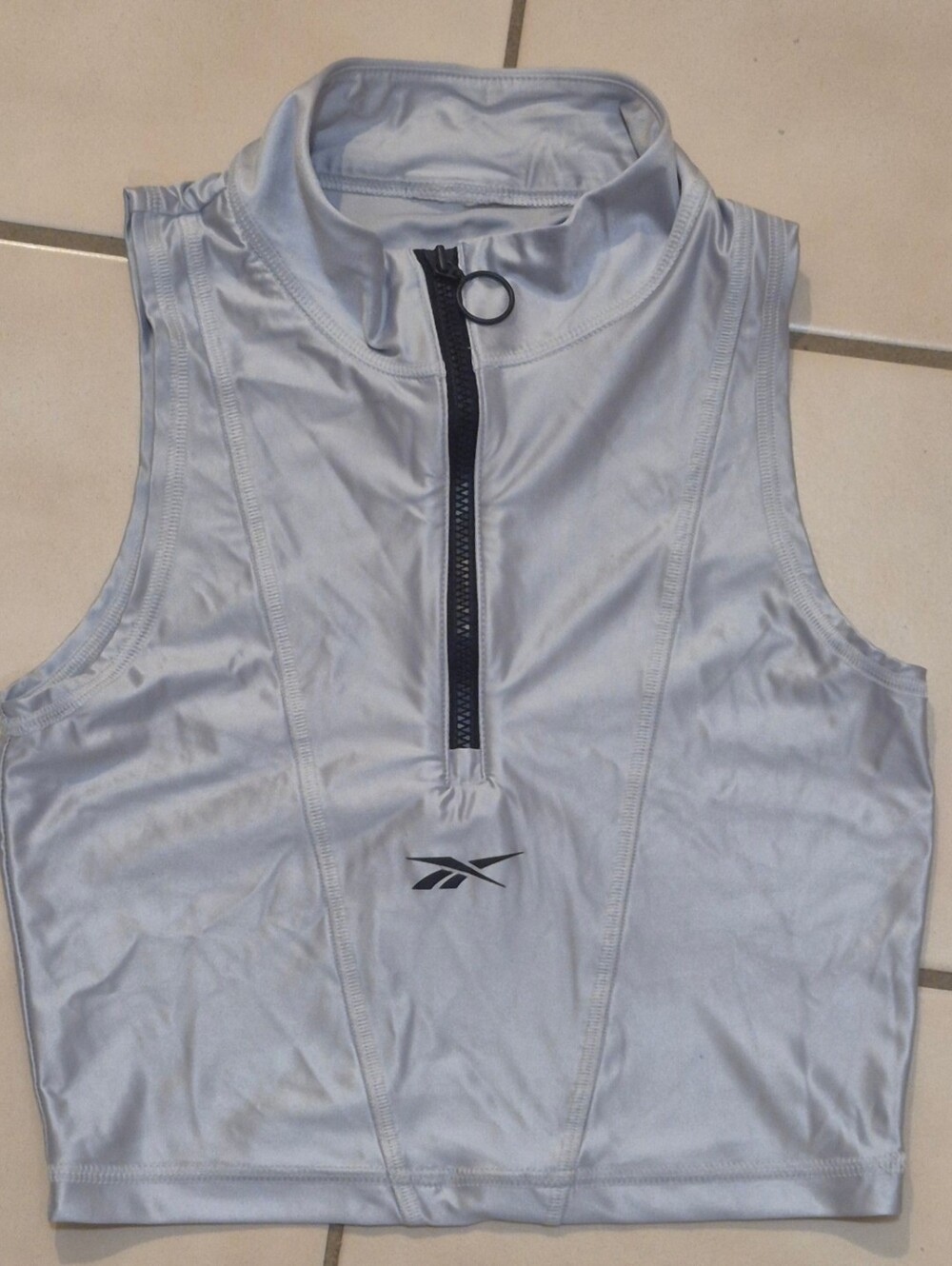 Reebok Silver Grey Half Zip Mock Neck Sleeveless Crop Top